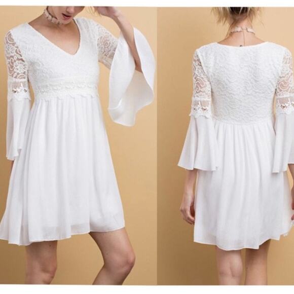 NEW Easel Babydoll Dress SMALL Empire Waist Lace V-Neck Bell Sleeve Mini Swing - Picture 7 of 10